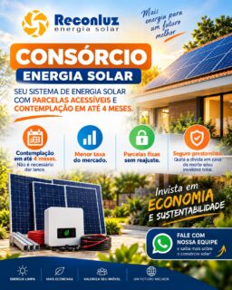 Seu Sistema de Energia Solar com parcelas acessíveis e contemplação em até 4 meses. 

Solução completa com equipamentos e instalação sem precisar de financiamento tradicional

Vantagens:

* Contemplação em até 4 meses;  Não é necessário dar lance;
* Menor taxa do mercado;
* Parcelas fixas sem reajuste;
* Seguro prestamista: Quita a dívida em caso de morte e/ou invalidez total.

Chama nosso time de especialistas no Whatsapp: 71 99294-0646

#consorcioenergiasolar  #reconluzenergiasolar