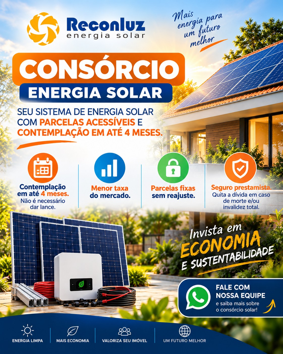 Seu Sistema de Energia Solar com parcelas acessíveis e contemplação em até 4 meses. 

Solução completa com equipamentos e instalação sem precisar de financiamento tradicional

Vantagens:

* Contemplação em até 4 meses;  Não é necessário dar lance;
* Menor taxa do mercado;
* Parcelas fixas sem reajuste;
* Seguro prestamista: Quita a dívida em caso de morte e/ou invalidez total.

Chama nosso time de especialistas no Whatsapp: 71 99294-0646

#consorcioenergiasolar  #reconluzenergiasolar