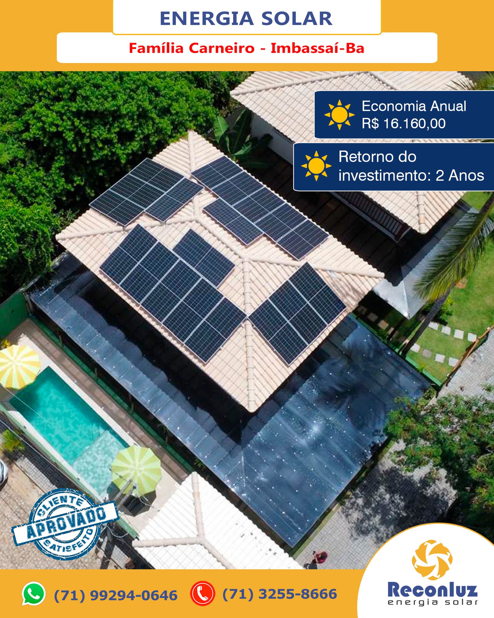 ☀ Parabéns Família Carneiro! Com o projeto de Energia Solar Fotovoltaica da Reconluz, essa família de Imbassai-Ba, conseguiu uma economia anual de R$ 16.160,00, com retorno do investimento em 2 anos.

✅ Economize dinheiro todos os meses para REALIZAR SEUS SONHOS.

✅ Com a RECONLUZ ENERGIA SOLAR você pode ECONOMIZAR DINHEIRO todos os meses…não fique fora dessa!

💰Invista no seu sistema de Energia Solar, economize dinheiro e valorize seu imóvel! ☀😉

👉Solicite agora um orçamento grátis para nossos consultores, através do Telefone/Whatsapp: 📲 (71) 3255-8666 / (71) 99294-0646.

👉 FAÇA SUA SIMULAÇÃO sem compromisso! Clique no link da bio e saiba mais.
.........................
#EnergiaSolarParaCondomínios #AlphavilleSalvador #CondimínioBuscaVida #Imbassai #EnergiaSolarParaHotéis #EnergiaSolar #Sustentabilidade #EnergiaSolarSalvador #EnergiaSolarBahia #EconomizarEnergia #EnergiaSolarFotovoltaica #Placassolares #ReconluzEnergiaSolar #EnergiaSolarParaEmpresas #EnergiaSolarParaResidências #EnergiaSolarParaCondomínios #EnergiaSolarParaEscolas