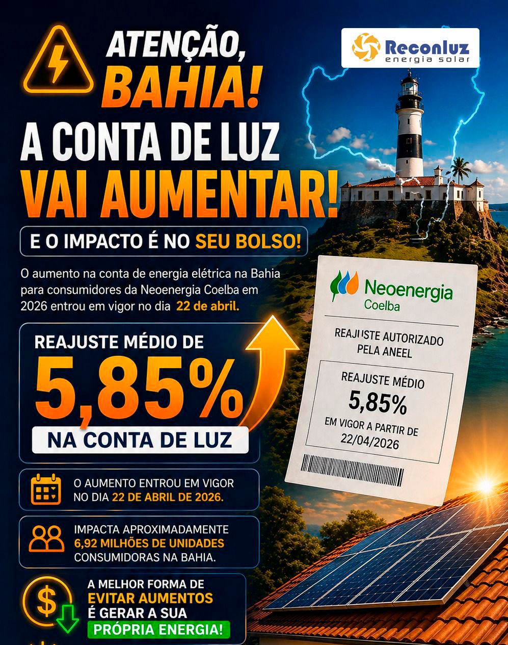Conta de luz vai aumentar quase 6% na Bahia após reajuste da Aneel.

Na Bahia, a Neoenergia Coelba terá um aumento médio de 5,85%, impactando aproximadamente 6,92 milhões de unidades consumidoras.

#aumentodeenergiaelétrica #EnergiaSolar